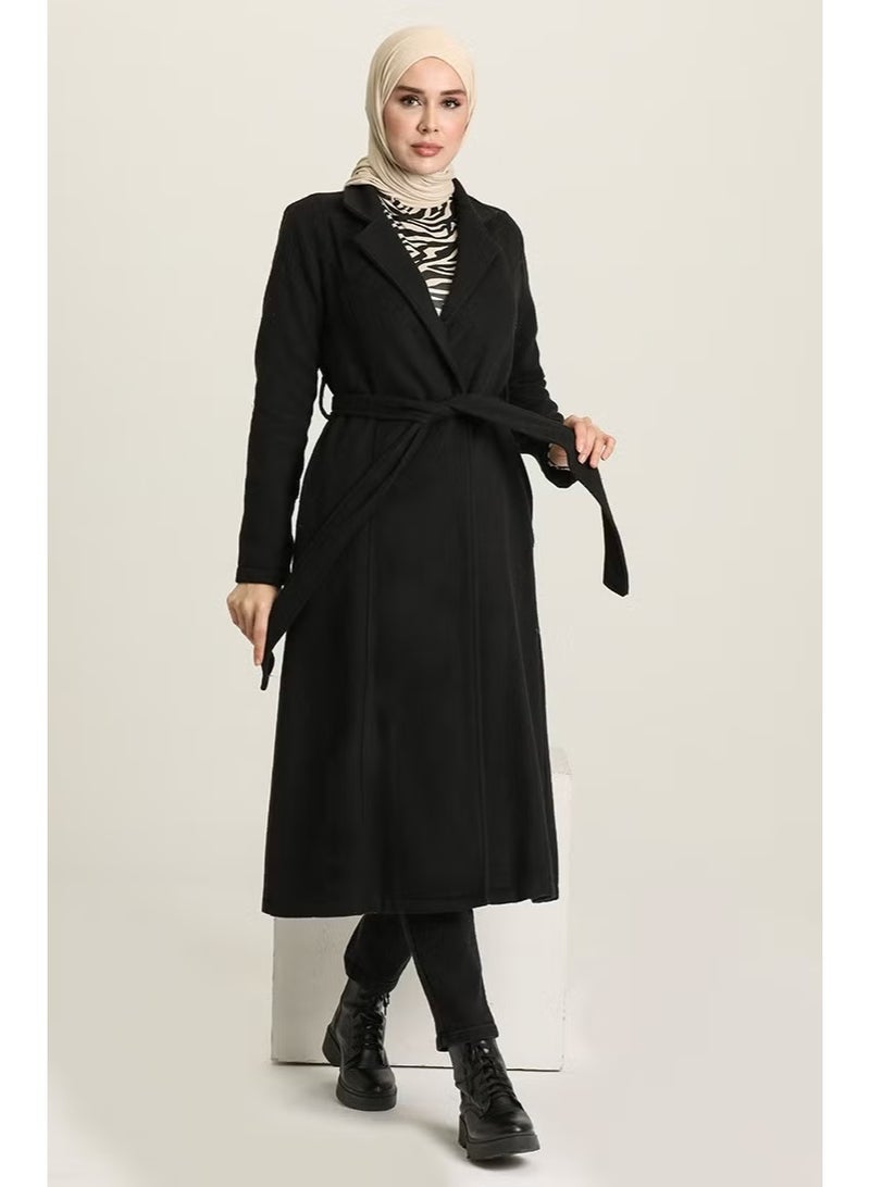 Sefa Merve معطف شتوي مزود بحزام 612970-01 أسود - Image 2